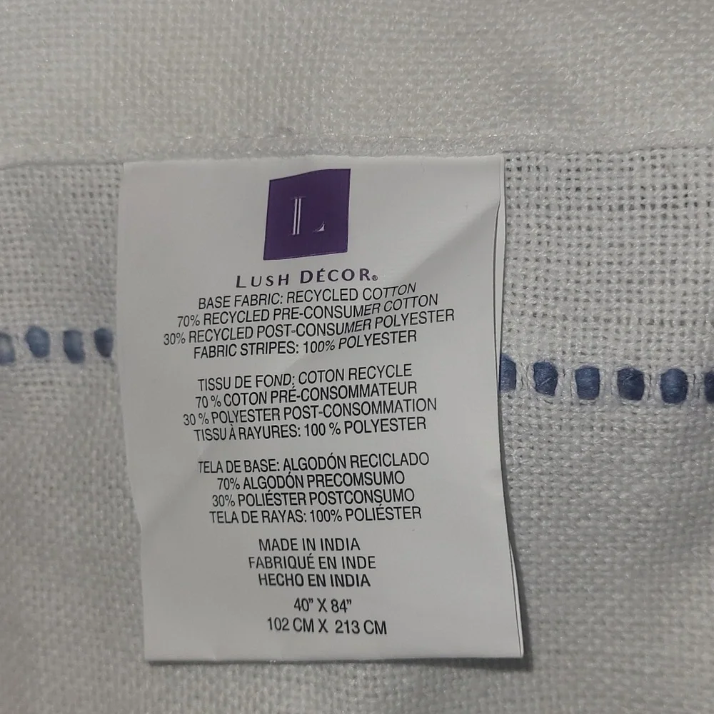New! Lush Decor Ombre Stripe White Blue to Gray Accent Trim 2 Panel Set Curtains